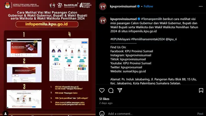 <p>Gambar tangkapan layar unggahan akun Instagram @kpuprovinsisumsel.</p>