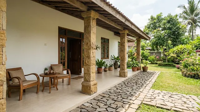 Inspirasi Teras Rumah Desa dengan Batu Alam yang Awet Bertahun-tahun. Gemini