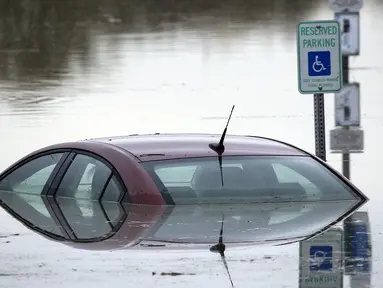 Sebuah mobil terendam air sungai Stillaguamish pasca badai yang melanda negara bagian Washington, (19/11/2015). Hingga saat ini 185.000 rumah tidak disuplai listrik karena masih banyak daerah yang tergenang air. (REUTERS/David Ryder)