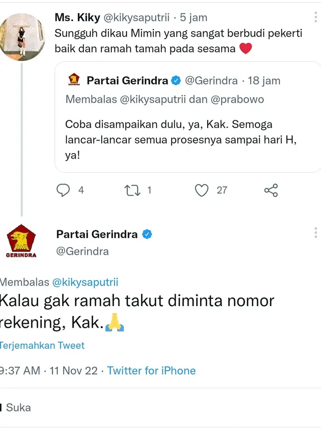 Kiky Saputri Minta Prabowo Jadi Saksi di Pernikahannya, Sebut Pak Menhan sebagai Kekasih Tak Sampai. (Twitter Kiky Saputri)