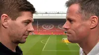 Dua legenda Liverpool, Steven Gerrard (kiri) dan Jamie Carragher (kanan). (AFP/Paul Ellis)
