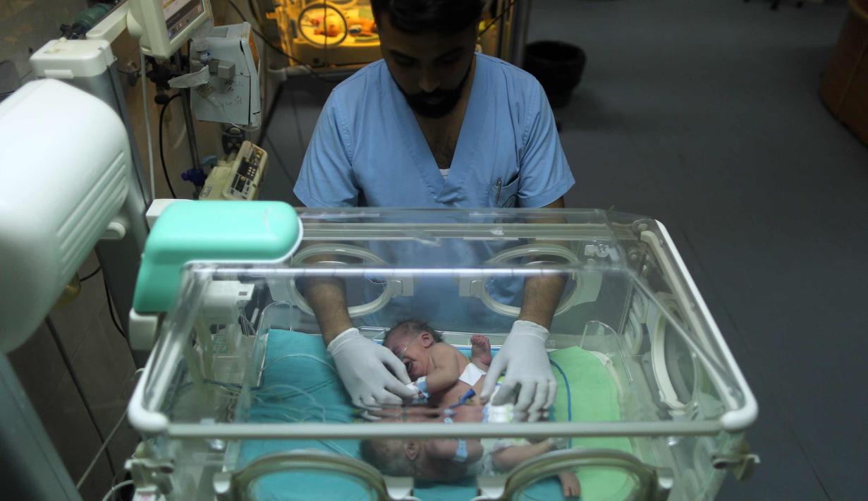Perawat mengecek kondisi bayi kembar siam berusia satu hari terlihat di dalam inkubator di Rumah Sakit al-Shifa di Kota Gaza, (22/10). Kepala rumah sakit al-Shifa mengatakan bayi ini akan dibawa ke luar negeri untuk dipisahkan. (AFP Photo/Mahmud Hams)