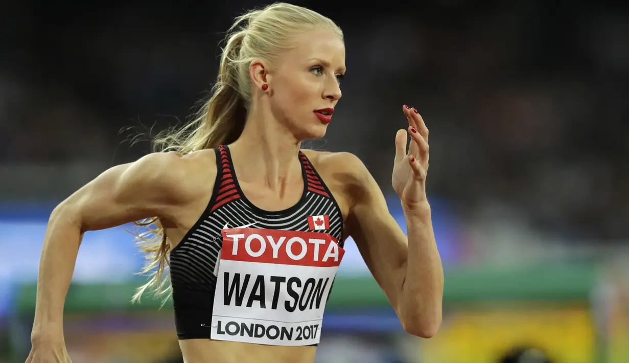 Atlet asal Kanada, Sage Watson saat mengikuti lari 400 meter putri pada ajang IAAF World Athletics Championships di London Monday, (7/8/2017). (AP/Tim Ireland)