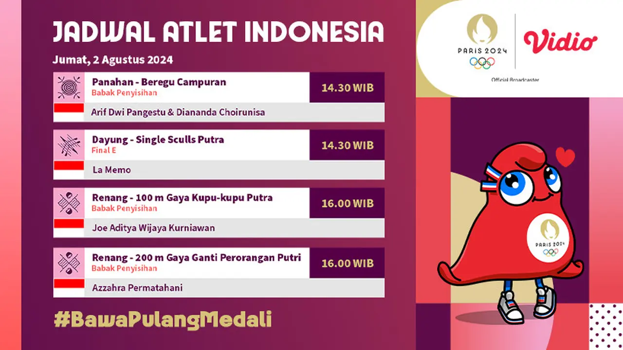 Jadwal Tim Indonesia Olimpiade Paris 2024 di Vidio, 2 Agustus 2024