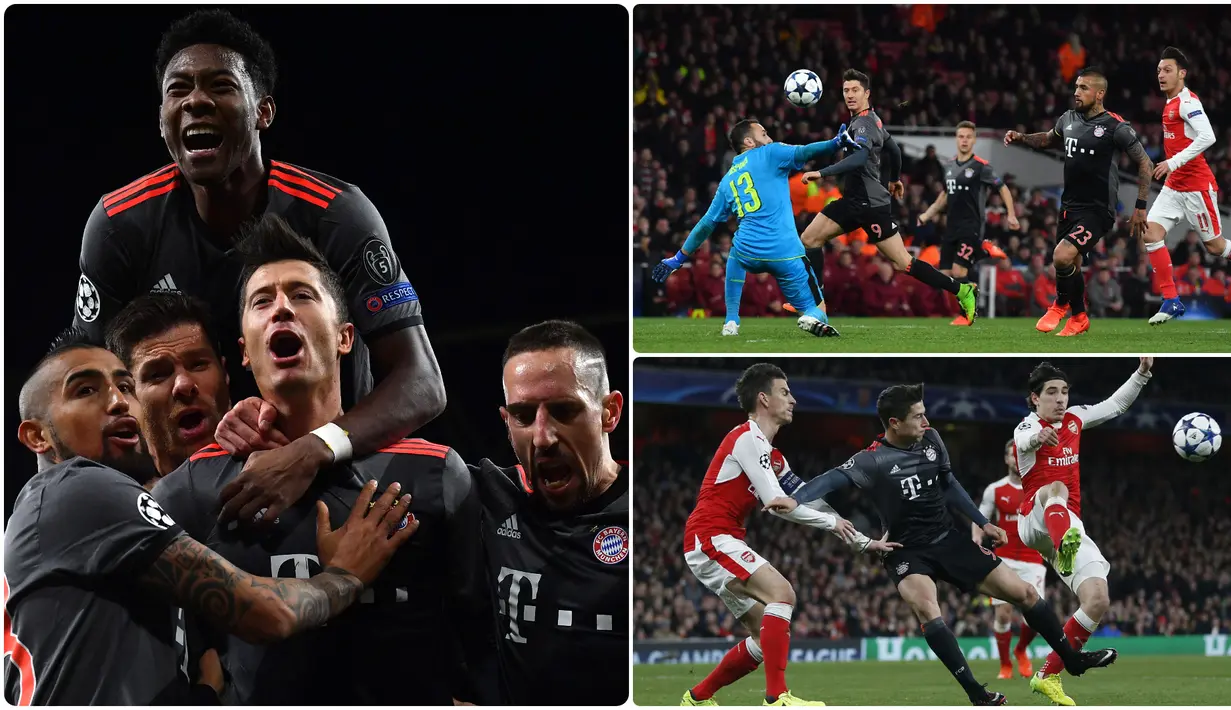 Bayern Muenchen pernah menghajar Arsenal dengan skor telak 10-2 saat berlaga di babak 16 besar Liga Champions 2017. Skor 10-2 ini menjadi gol agregat terbanyak dalam sejarah babak 16 besar Liga Champions. (kolase foto AFP)