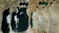 (kiri) Danau Laut Aral pada 1960an, sebelum kekeringan. (kanan) Danau yang sama pada 2014, usai bencana kekeringan. (sumber: NASA)