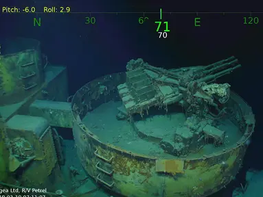 Gambar video pada 19 Maret 2018, kapal penelitian milik pendiri Microsoft Paul Allen menemukan bangkai kapal induk Amerika Serikat (AS), USS Juneau, dari era Perang Dunia II di dekat perairan Kepulauan Solomon, Pasifik Selatan. (Paul G. Allen via AP)