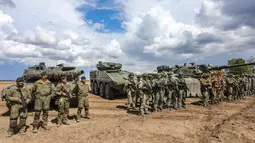 Jerman pada 26 Juni 2023 mengatakan siap untuk menempatkan 4.000 tentara di Lituania setelah negara Baltik itu meminta NATO untuk memperkuat sayap timurnya. (AFP/PETRAS MALUKAS)