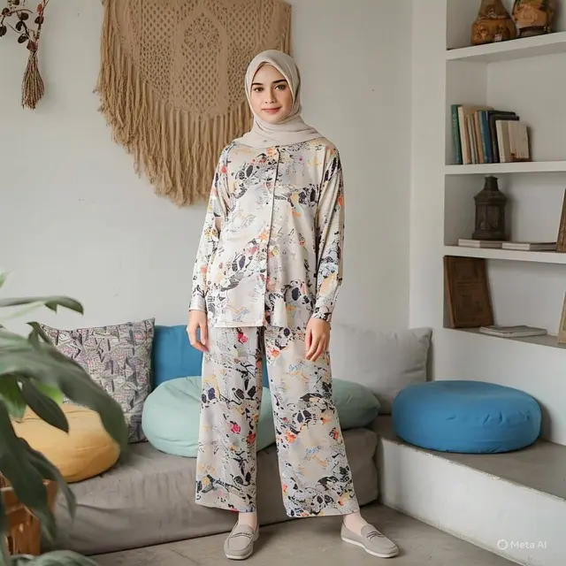 Blouse Oversize dengan Celana Kulot Patterned