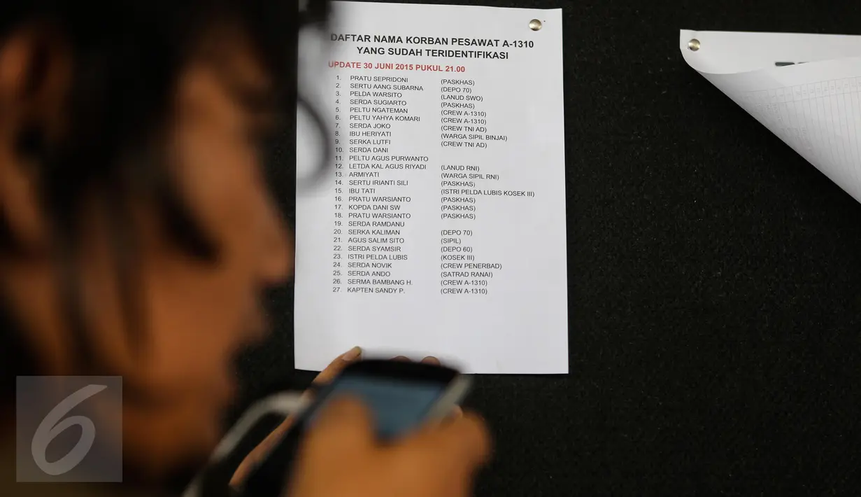 Petugas memperbaharui jumlah nama korban yang sudah berhasil diidentifkasi akibat jatuhnya pesawat Hercules C-130 milik TNI AU di Medan pada 30 Juni 2015, di Pangkalan Udara Halim Perdanakusuma, Jakarta, Rabu (1/7/2015). (Liputan6.com/Faizal Fanani)