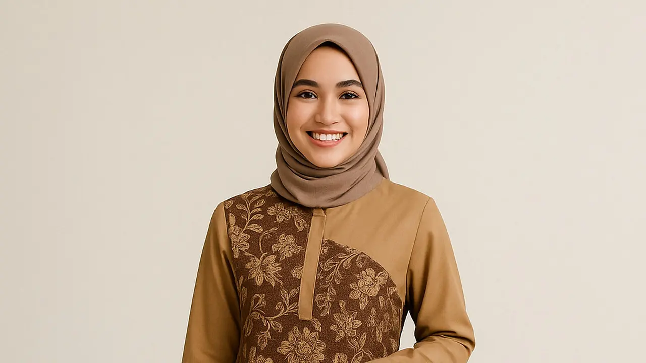 Model Gamis Batik Kombinasi Polos Kerah Shanghai 2025/ Ilustrasi gambar oleh AI