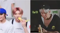 Potret tingkah kocak idol K-Pop saat makan pisang. (Sumber: Twitter/idolfess/poowzi)