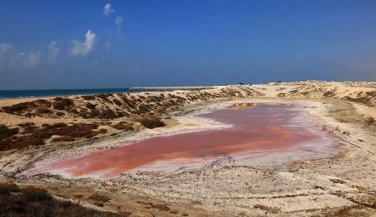 Sebuah gambar yang diambil pada 26 Januari 2021 ini menunjukkan danau merah muda di Ras Al Khaimah di Uni Emirat Arab (UEA). Menurut harian Al Khaleej, ukuran danau tersebut memiliki panjang 40 meter dan lebar 10 meter. (GIUSEPPE CACACE/AFP)