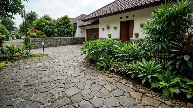 Kombinasi Batu Alam dan Tanaman Perdu untuk Halaman Depan Minim Debu/AI Generated