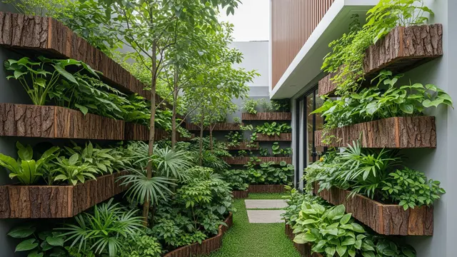 Kebun Rumah Bernuansa Hutan Mini dengan Kayu dan Tanaman Rindang
