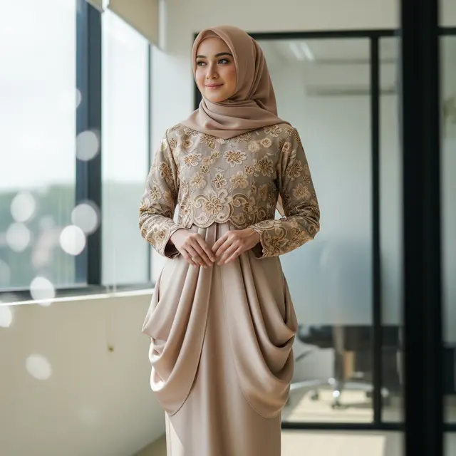 Inspirasi Gamis Brokat Warna Muted untuk Kantor & Acara Resmi (Image by Gemini AI)