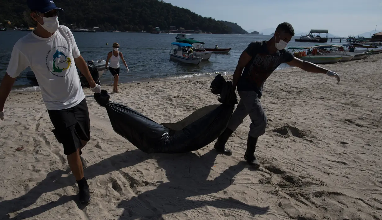 Ahli biologi, Leonardo Flach membawa kantong berisi bangkai lumba-lumba yang ditemukan mengapung di Teluk Sepetiba, 72 km dari Rio de Janeiro, Kamis (11/1). Dugaan sementara penyebab kematian para lumba-lumba itu karena bakteri atau virus. (AP/Leo Correa)