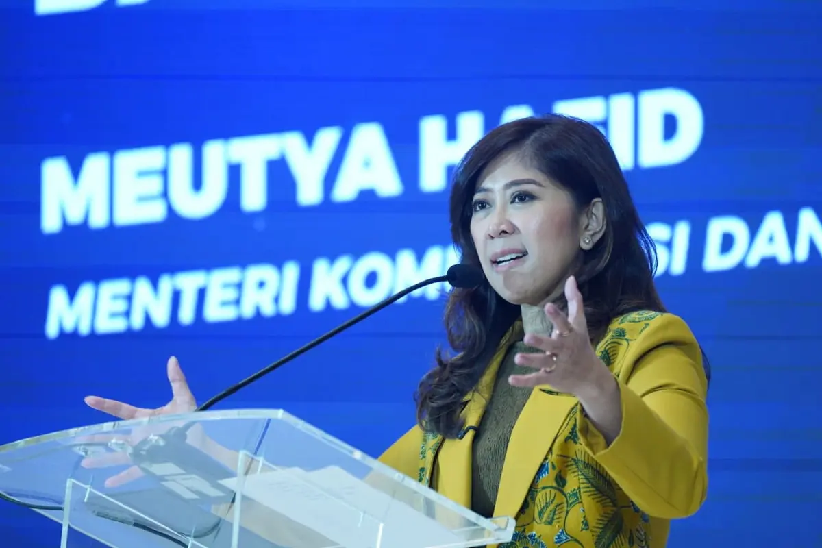 Menkomdigi Meutya Hafid saat memberikan sambutan dalam Forum Bakohumas 'GPR Outlook 2026: Satu Narasi, Bangun Reputasi Negeri' di Hotel Borobudur, Jakarta.