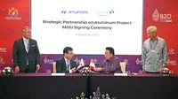 Hyundai Motor Company dan PT Adaro Minerals Indonesia, Tbk. (AMI) menandatangani MoU untuk komitmen pengamanan ketersediaan aluminium yang stabil di tengah meningkatnya permintaan alumunium untuk manufaktur mobil. (Foto: Istimewa)