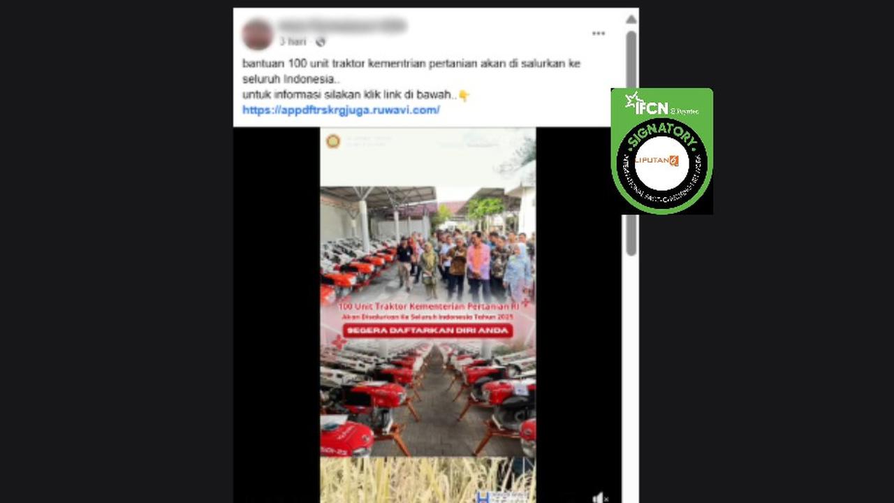 Tangkapan layar klaim link pendaftaran untuk mendapatkan bantuan traktor dari Kementan di Facebook.
