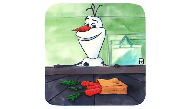Olaf berbelanja wortel di supermarket. Wortelnya dimasak atau dipasang di hidung ya?