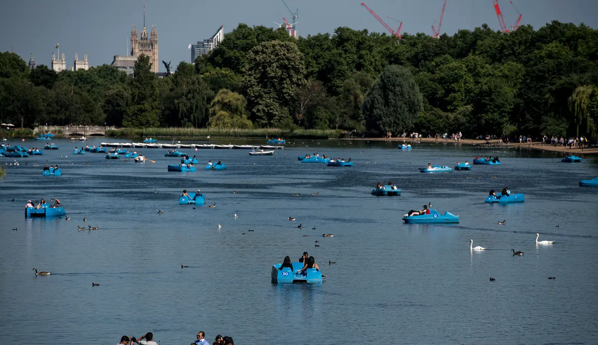 Sejumlah warga mendayung perahu di dekat Serpentine di Hyde Park di London, Inggris (5/7). Sinar matahari yang hangat dimanfaatkan warga Inggris untuk berjemur dan bersantai dengan keluarga atau teman. (AFP Photo/Chris J Ratcliffe)