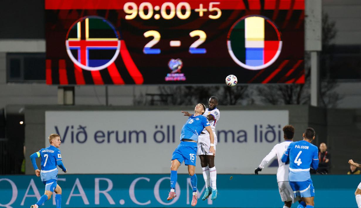 Timnas Prancis harus rela berbagi poin setelah ditahan imbang 2-2 oleh Islandia dalam laga Kualifikasi Piala Dunia 2026 yang digelar di Stadion Laugardalsvollur, Reykjavik, Selasa (14/10/2025) dini hari WIB. (AP Photo/Brynjar Gunnarsson)