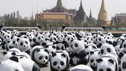 Sejumlah patung Panda berjejer di depan Grand Palace, Bangkok , Thailand , 4 Maret 2016. Patung Panda ini merupakan pameran yang dibuat oleh seniman Perancis Paulo Grangeon. (REUTERS / Chaiwat Subprasom)