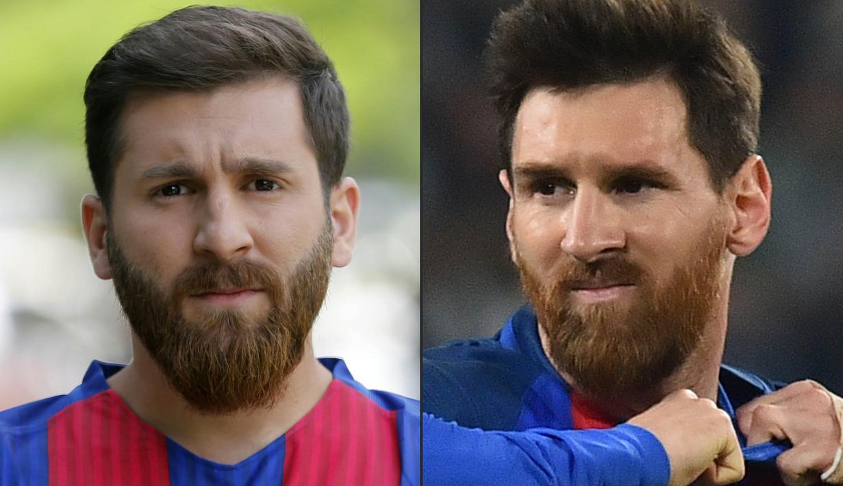 (Kolase) Reza Parastesh (kiri) dan bintang Barcelona, Lionel Messi, keduanya memiliki wajah yang mirip (AFP/Atta Kenare-Giuseppe Cacace)