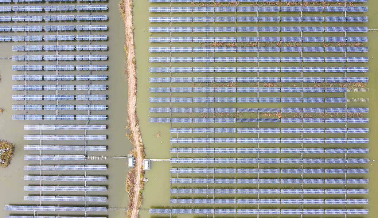 Foto udara menunjukkan panel-panel surya fotovoltaik di Wilayah Baoying, China (5/11/2020). Wilayah Baoying berupaya mengembangkan agrikultur ekologis melalui penggabungan budidaya ikan dengan pembangkit listrik tenaga surya, sebagai cara mendorong revitalisasi kawasan perdesaan. (Xinhua/Li Bo)