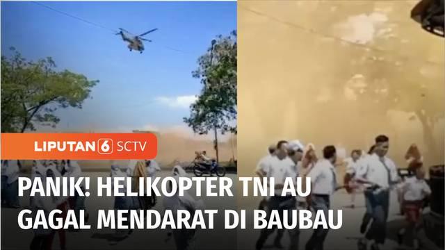 Helikopter milik TNI AU yang mengawal kedatangan Presiden Jokowi di Baubau, Sulawesi Tenggara, gagal mendarat di Stadion Sepakbola Betoambari. Gagal mendaratnya helikopter super cougar ini membuat warga sekitar panik, akibat angin kencang yang berasa...