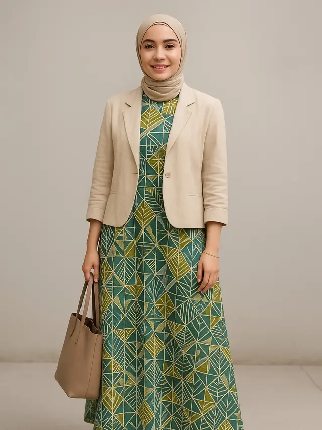 Gamis Batik dengan Blazer Polos (Foto: ChatGPT)