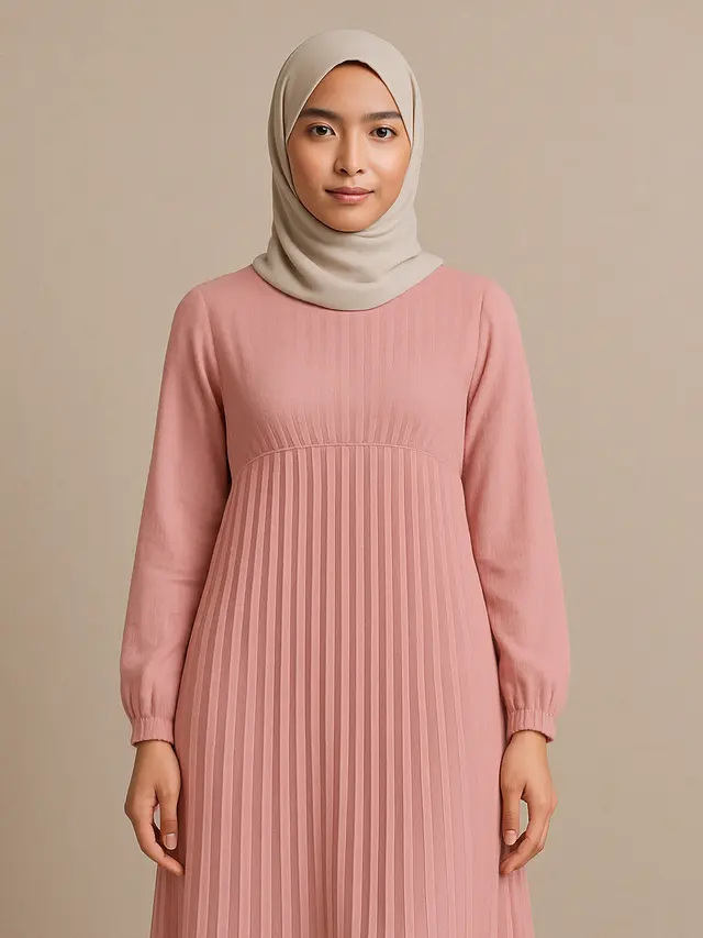 Gamis Empire Waist dengan Pleats Vertikal (Foto: Rizka Nur Laily via ChatGPT)