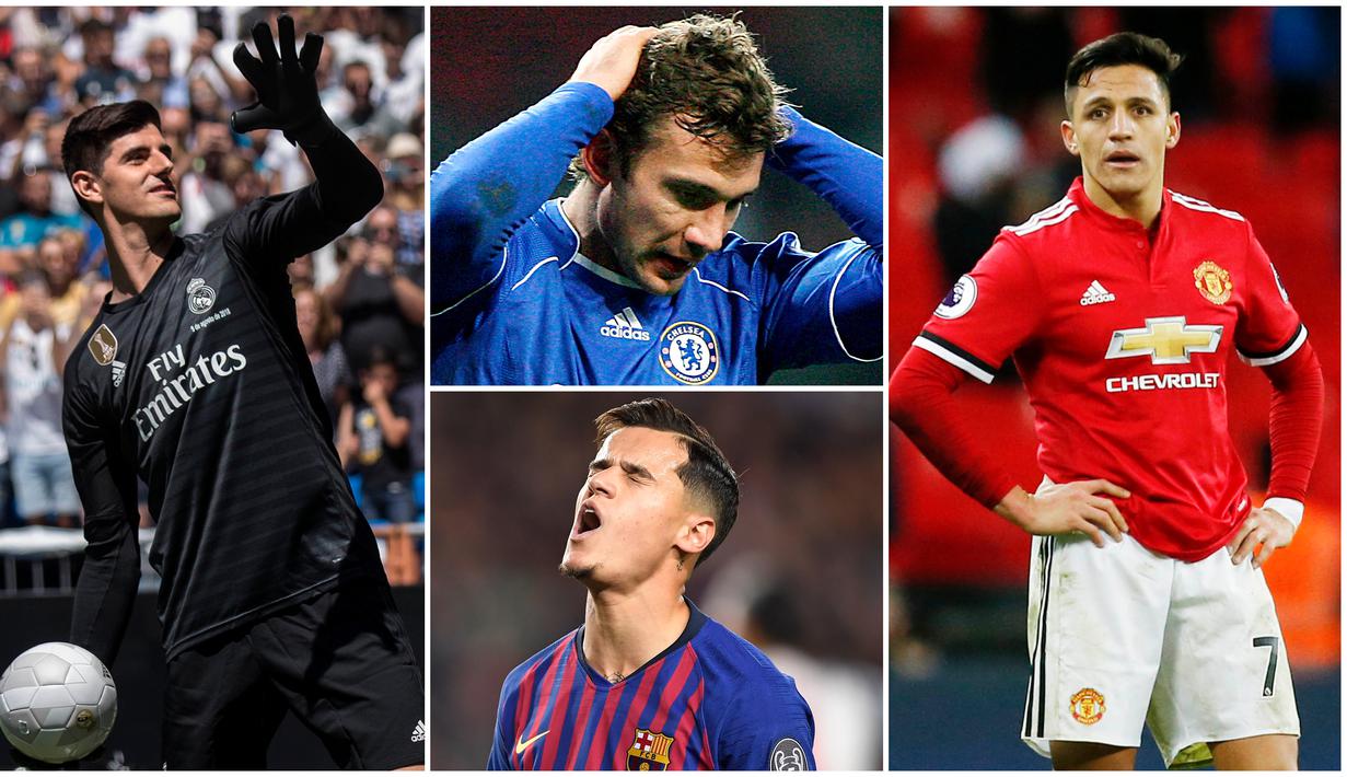 Berikut ini tujuh pemain top dunia yang akhirnya terpuruk saat pindah klub. Diantaranya ada Thibaut Courtois, Philippe Coutinho hingga Andriy Shevchenko. (Foto Kolase AP, EPA dan AFP)