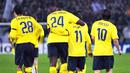 Barcelona's Bojan Krkic is congratulated by teammates after scoring the fifth goal against Basel during their Group C Champions League match at St. Jakob-Park in Basel on October 22, 2008. AFP PHOTO/FREDERICK FLORIN 