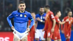 Catatan 18 penampilan Italia terhenti di dua edisi ajang Piala Dunia yaitu tahun 2018 dan 2022. Juara Euro 2020 tersebut gagal melangkah ke putaran final usai disingkirkan Makadonia Utara pada laga semifinal playoff kualifikasi Piala Dunia 2022, 25 Maret 2022 WIB. (AFP/Alberto Pizzoli)