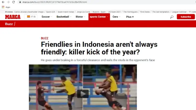 Pemberitaan Marca terkait tendangan kungfu Syaiful Indra Cahya yang telah diterjemahkan dalam bahasa Inggris.