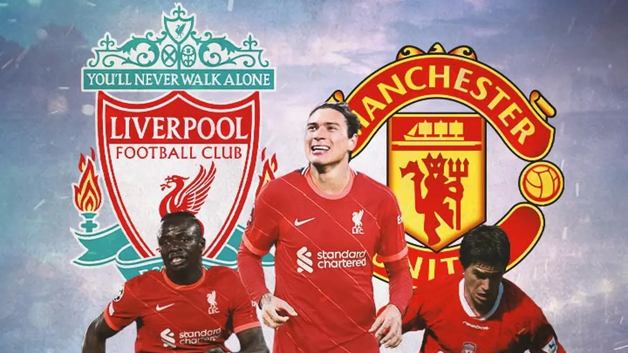 Ilustrasi - Sadio Mane, Darwin Nunez, Harry Kewell dengan Logo Liverpool dan Manchester United