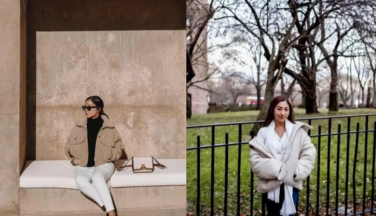 Nikita memadukan jaket cokelat dengan turtleneck dan celana warna putih. Sementara Winona tampil dengan jaket, blouse dan syal serba putih. (Instagram/nikitawillyofficial94/winonawilly16).