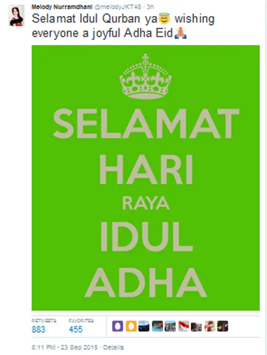 Melody JKT48 mengucapkan selamat hari raya Idul Adha. (via twitter/@melodyJKT48)