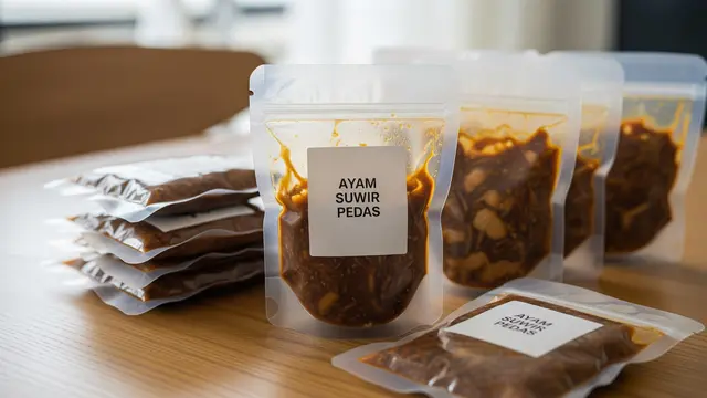 Ayam Suwir Pedas dalam kemasan vakum mini