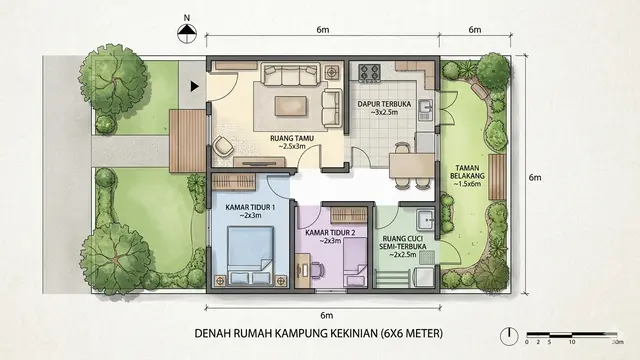 Contoh Rumah Kampung Kekinian 6x6 2 Kamar dengan Dapur Terbuka. Gemini