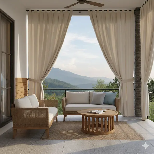 Inspirasi Teras Rumah yang Dingin Tanpa Tanaman Besar (Foto: Gemini AI)