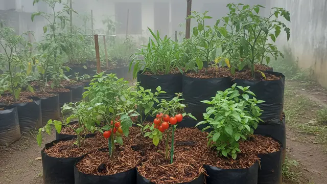 Ide Kebun Sayur di Pekarangan Kecil Memakai Media Tanam Sekam Bakar. AI