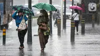 Pejalan kaki menggunakan payung saat hujan deras di kawasan Thamrin, Jakarta, Rabu (23/11/2022). Kepala Pelaksana Badan Penanggulangan Bencana Daerah (BPBD) DKI Jakarta Isnawa Adji mengimbau masyarakat untuk mengurangi aktivitas di luar rumah apabila Jakarta mengalami cuaca ekstrem. (Liputan6.com/Faizal Fanani)