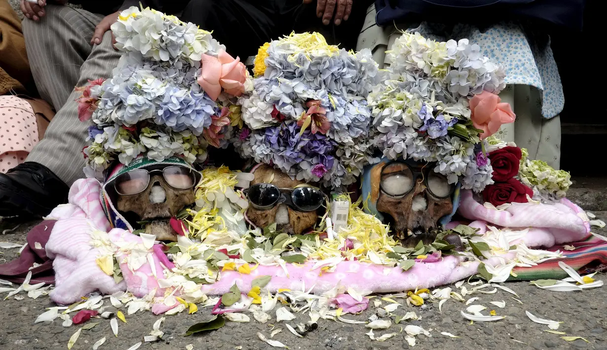 Tengkorak dihias dengan bunga - bunga selama upacara Dia de las natitas atau hari tengkorak di pemakaman Umum La Paz, Bolivia, Minggu (8/11/2015).  Mereka menyimpan tengkorak kerabat sendiri untuk dijadikan jimat keberuntungan. (REUTERS/David Mercado)