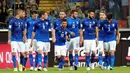 Para pemian Italia saat merayakan gol Lorenzo Insigne (10) saat melawan Liechtenstein pada kualifikasi Piala Dunia 2018 grup G di Friuli Stadium, Udine, Italia, (11/6/2017).  (Alberto Lancia/ANSA via AP)