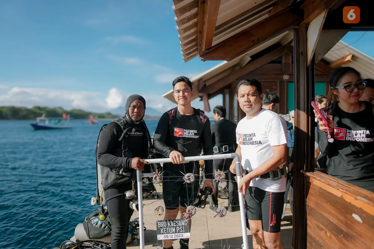 Ketua Umum PSI Kaesang Pangarep (Tengah) melakukan transplantasi terumbu Karang di Destinasi wisata Bangsring Underwater Banyuwangi. (Hermawan Arifianto/Liputan6.com)