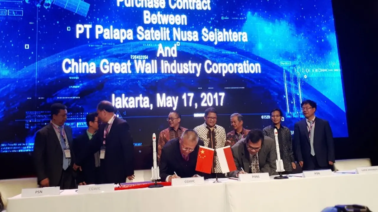Penandatangan note kesepahaman antara PT Palapa Satelit Nusa Sejahtera dengan China Great Wall Industry Corporation. Liputan6.com/Agustinus Mario Damar