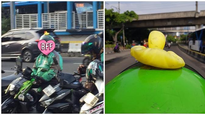 Helm pengemudi diberik bebek agar mudah dikenali penumpang (Sumber: Twitter/bilures)